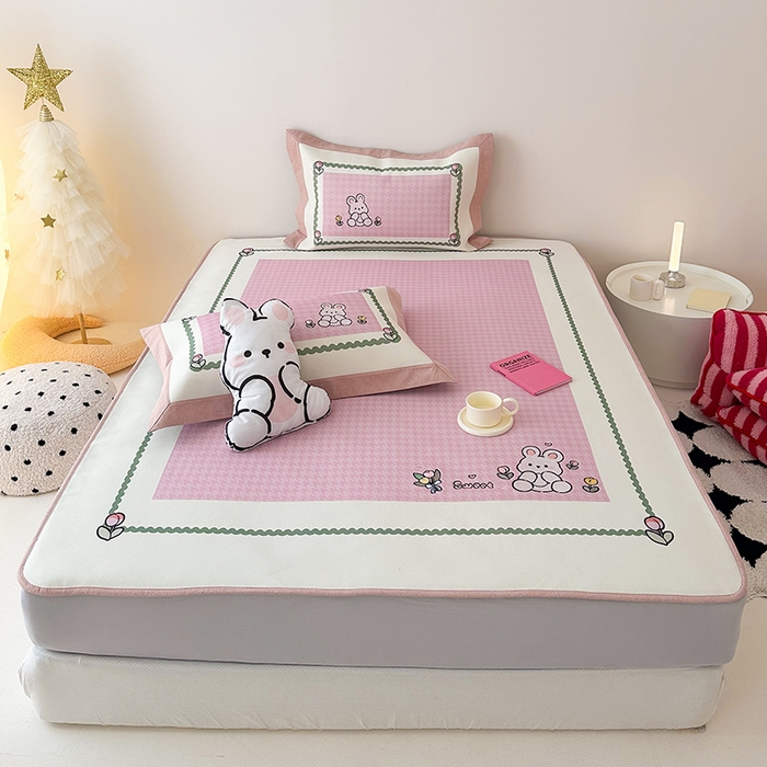 懒猫家纺 2026新款1200D冰丝印花刺绣凉席床笠款床席款 花园小兔-床笠款