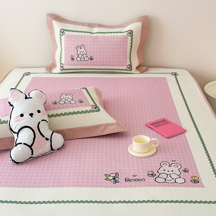 91家纺网 家纺一手货源 找家纺 懒猫家纺 2026新款1200D冰丝印花刺绣凉席床笠款床席款 花园小兔-床笠款