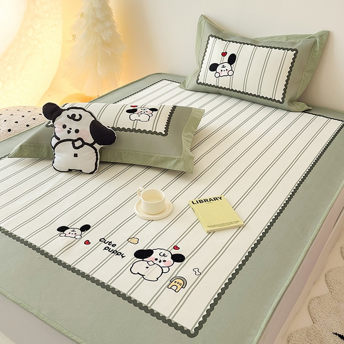 91家纺网 家纺一手货源 找家纺 懒猫家纺 2026新款1200D冰丝印花刺绣凉席床笠款床席款 可爱修狗-床笠款