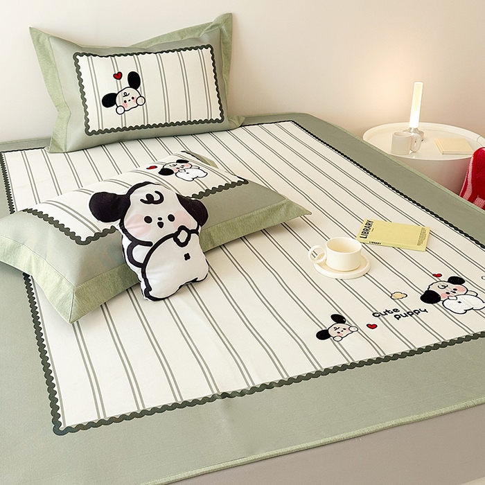 91家纺网 家纺一手货源 找家纺 懒猫家纺 2026新款1200D冰丝印花刺绣凉席床笠款床席款 可爱修狗-床笠款