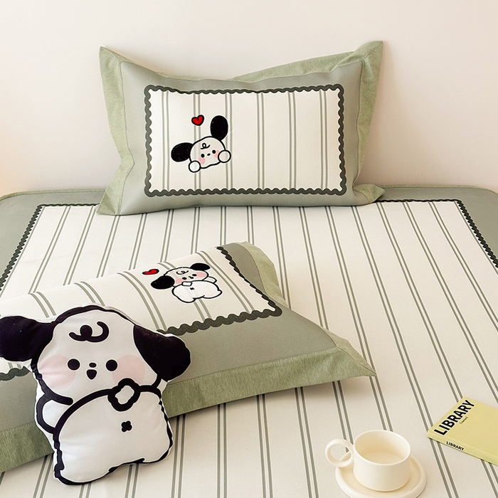 91家纺网 家纺一手货源 找家纺 懒猫家纺 2026新款1200D冰丝印花刺绣凉席床笠款床席款 可爱修狗-床笠款