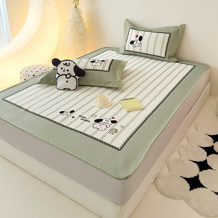 91家纺网 家纺一手货源 找家纺 懒猫家纺 2026新款1200D冰丝印花刺绣凉席床笠款床席款 可爱修狗-床笠款