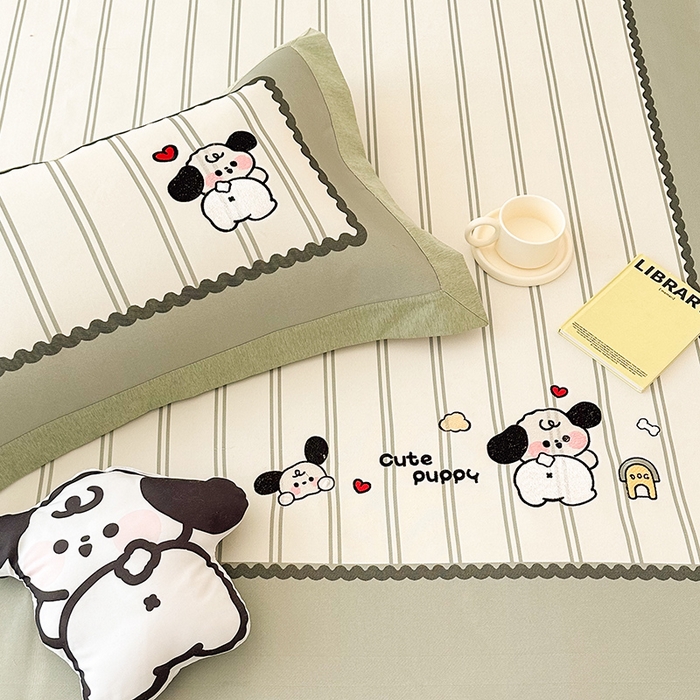 91家纺网 家纺一手货源 找家纺 懒猫家纺 2026新款1200D冰丝印花刺绣凉席床笠款床席款 可爱修狗-床笠款