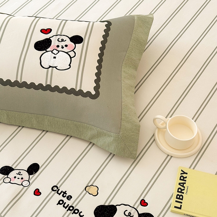 91家纺网 家纺一手货源 找家纺 懒猫家纺 2026新款1200D冰丝印花刺绣凉席床笠款床席款 可爱修狗-床笠款