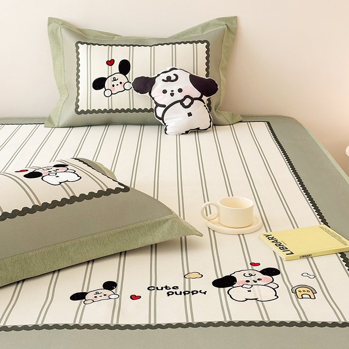 91家纺网 家纺一手货源 找家纺 懒猫家纺 2026新款1200D冰丝印花刺绣凉席床笠款床席款 可爱修狗-床笠款