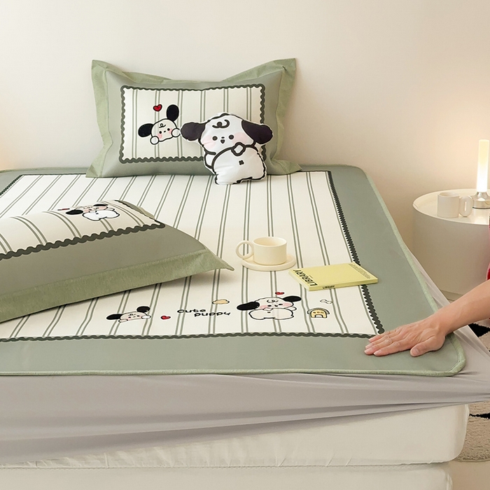 91家纺网 家纺一手货源 找家纺 懒猫家纺 2026新款1200D冰丝印花刺绣凉席床笠款床席款 可爱修狗-床笠款