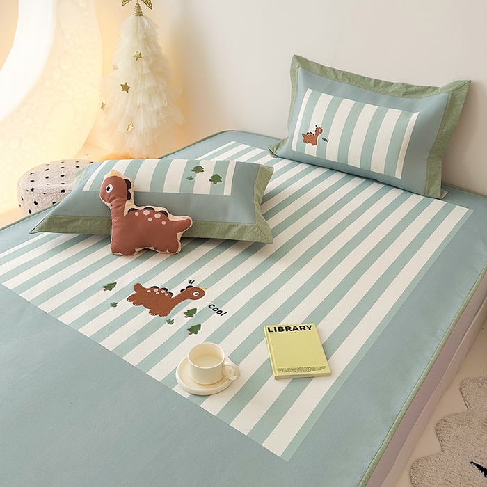 91家纺网 家纺一手货源 找家纺 懒猫家纺 2026新款1200D冰丝印花刺绣凉席床笠款床席款 酷酷恐龙-床笠款