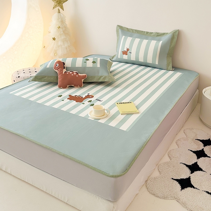 91家纺网 家纺一手货源 找家纺 懒猫家纺 2026新款1200D冰丝印花刺绣凉席床笠款床席款 酷酷恐龙-床笠款