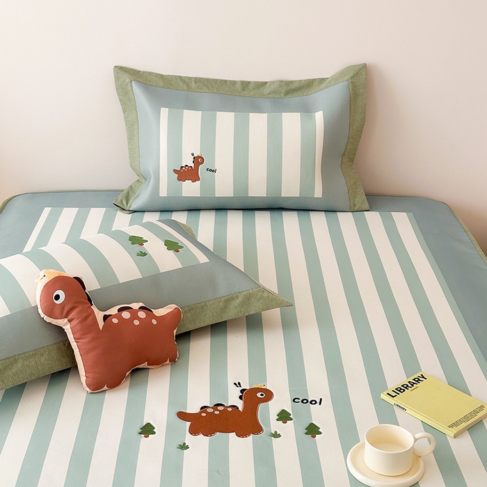 91家纺网 家纺一手货源 找家纺 懒猫家纺 2026新款1200D冰丝印花刺绣凉席床笠款床席款 酷酷恐龙-床笠款