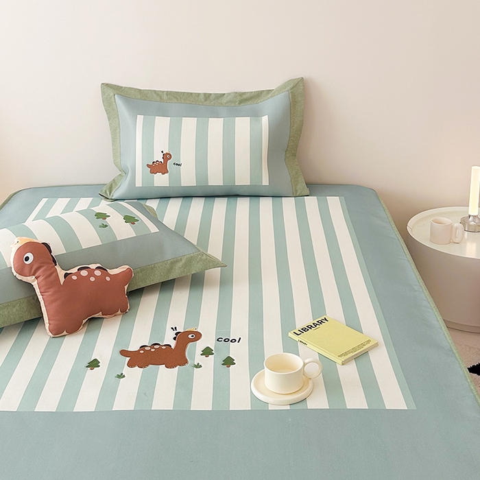 91家纺网 家纺一手货源 找家纺 懒猫家纺 2026新款1200D冰丝印花刺绣凉席床笠款床席款 酷酷恐龙-床笠款