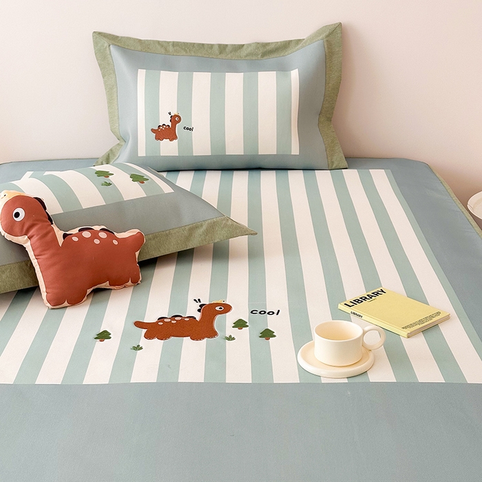 91家纺网 家纺一手货源 找家纺 懒猫家纺 2026新款1200D冰丝印花刺绣凉席床笠款床席款 酷酷恐龙-床笠款