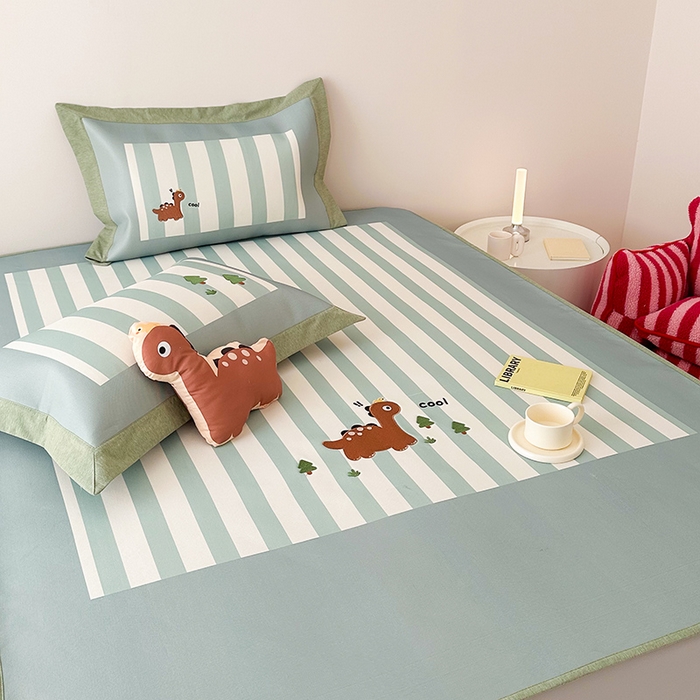 91家纺网 家纺一手货源 找家纺 懒猫家纺 2026新款1200D冰丝印花刺绣凉席床笠款床席款 酷酷恐龙-床笠款