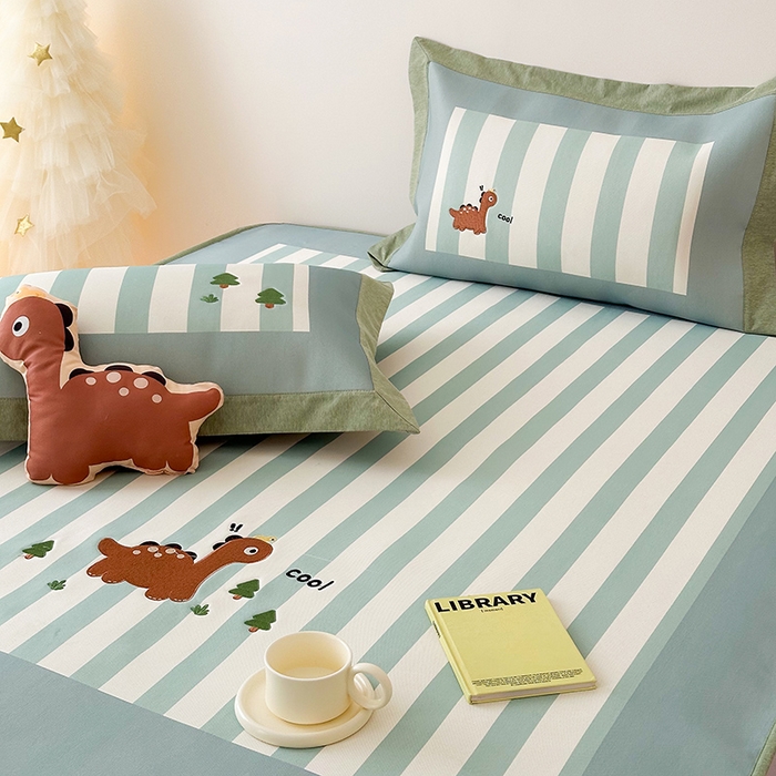 91家纺网 家纺一手货源 找家纺 懒猫家纺 2026新款1200D冰丝印花刺绣凉席床笠款床席款 酷酷恐龙-床笠款