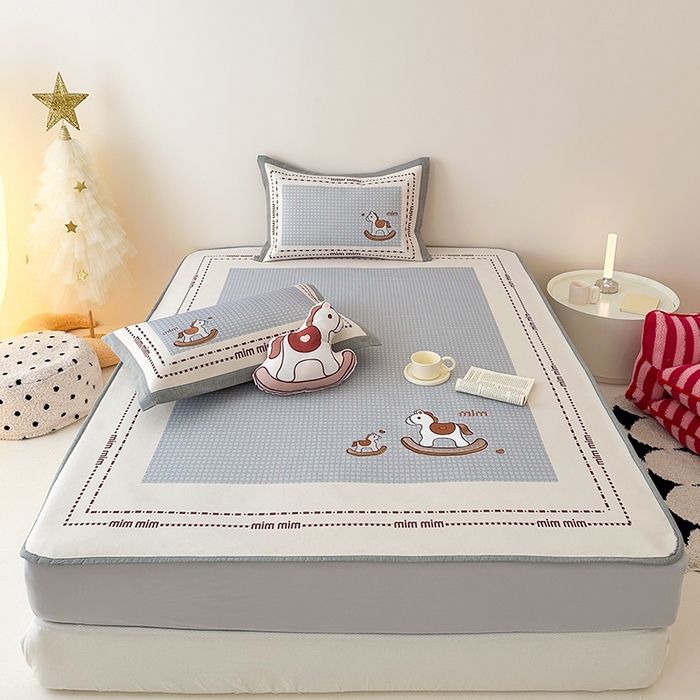 懒猫家纺 2026新款1200D冰丝印花刺绣凉席床笠款床席款 摇摆木马-床笠款