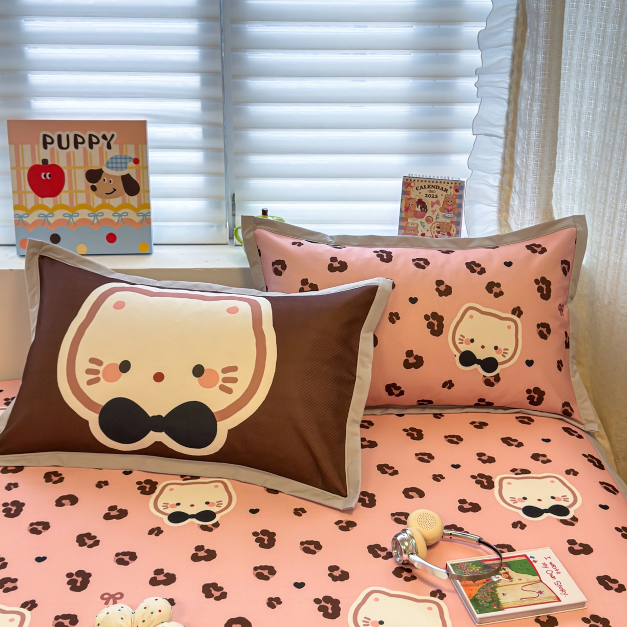 懒猫家纺 2026新款卡通冰丝印花枕套 粉豹小猫