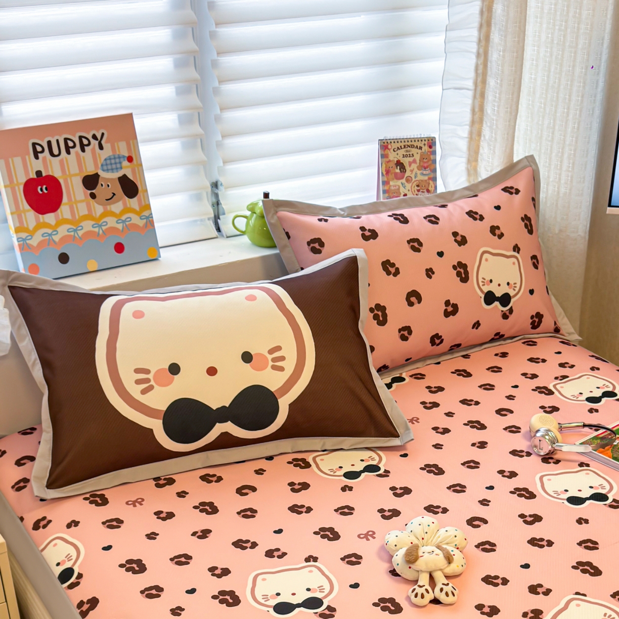 91家纺网 家纺一手货源 找家纺 懒猫家纺 2026新款卡通冰丝印花枕套 粉豹小猫