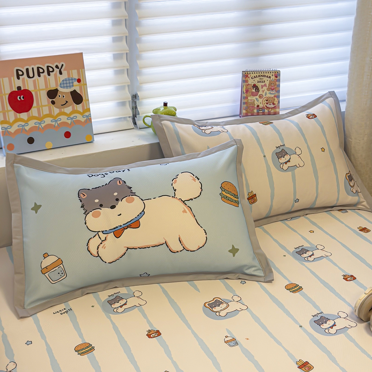 懒猫家纺 2026新款卡通冰丝印花枕套 汉堡小狗