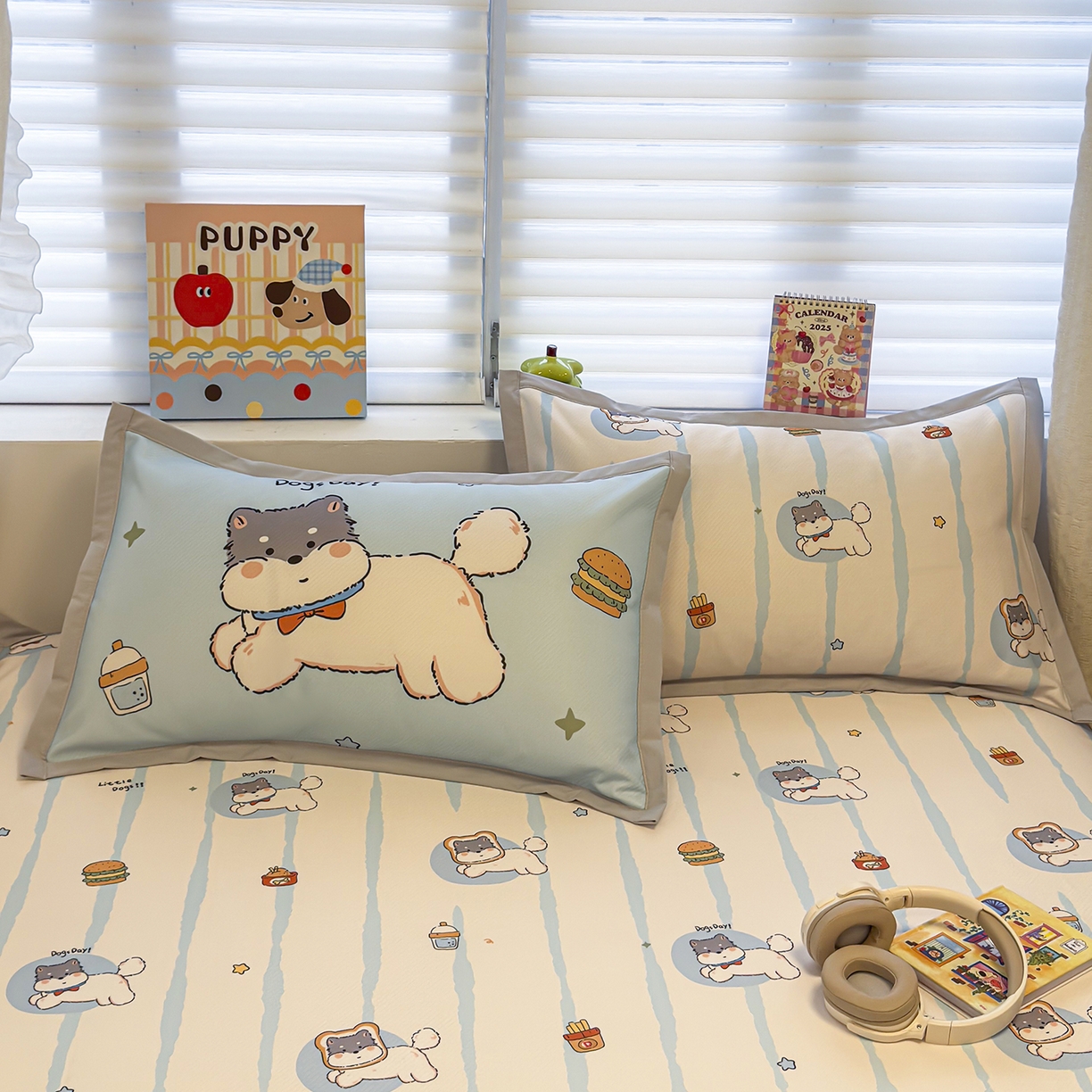 91家纺网 家纺一手货源 找家纺 懒猫家纺 2026新款卡通冰丝印花枕套 汉堡小狗