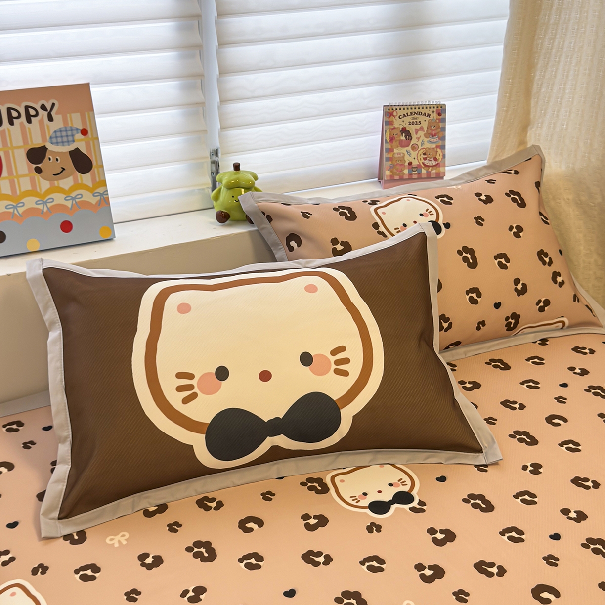 懒猫家纺 2026新款卡通冰丝印花枕套 咖豹小猫