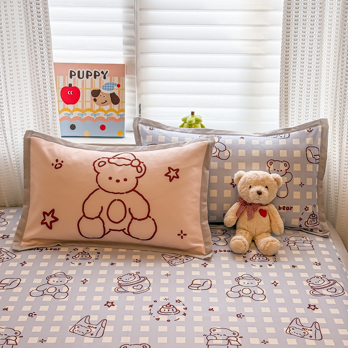 91家纺网 家纺一手货源 找家纺 懒猫家纺 2026新款卡通冰丝印花枕套 礼物小熊