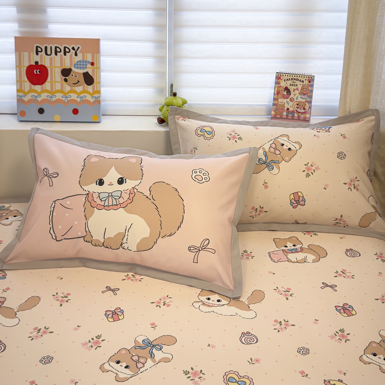 91家纺网 家纺一手货源 找家纺 懒猫家纺 2026新款卡通冰丝印花枕套 甜心茶语