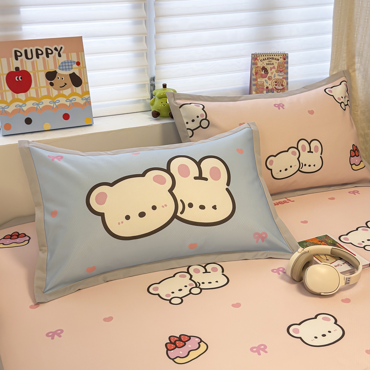 懒猫家纺 2026新款卡通冰丝印花枕套 熊兔玩伴