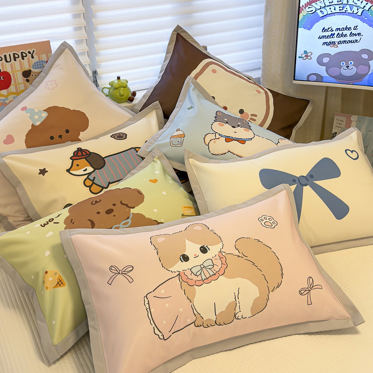 91家纺网 家纺一手货源 找家纺 懒猫家纺 2026新款卡通冰丝印花枕套 组合图