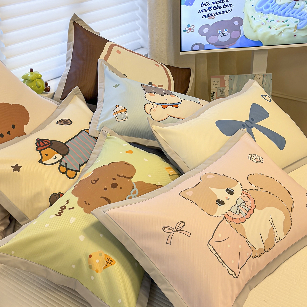 91家纺网 家纺一手货源 找家纺 懒猫家纺 2026新款卡通冰丝印花枕套 组合图