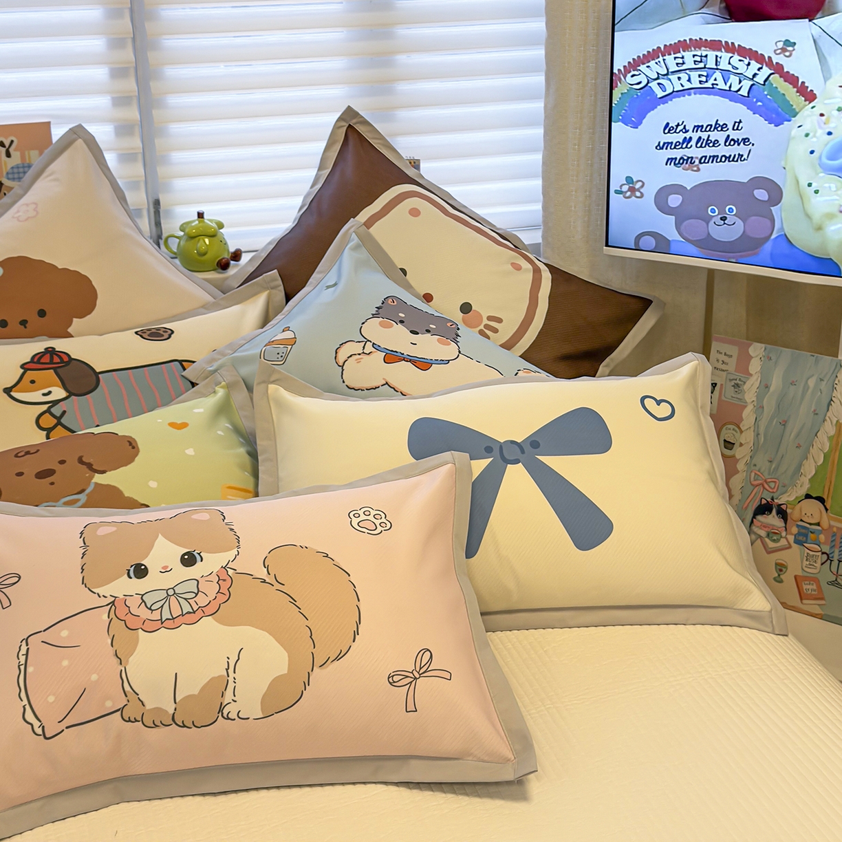 91家纺网 家纺一手货源 找家纺 懒猫家纺 2026新款卡通冰丝印花枕套 组合图