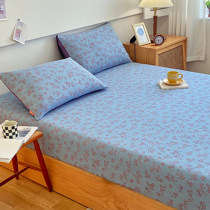 91家纺网 家纺一手货源 找家纺 春皖家纺 2026新款全棉纯棉拉链款双层纱床笠单床笠床笠单件 花漾兰