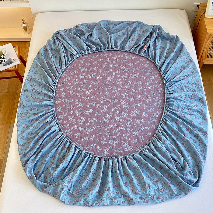 91家纺网 家纺一手货源 找家纺 春皖家纺 2026新款全棉纯棉拉链款双层纱床笠单床笠床笠单件 花漾兰