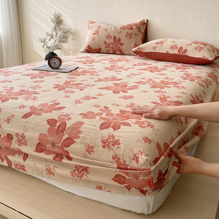 91家纺网 家纺一手货源 找家纺 春皖家纺 2026新款全棉纯棉拉链款双层纱床笠单床笠床笠单件 绮帐-红