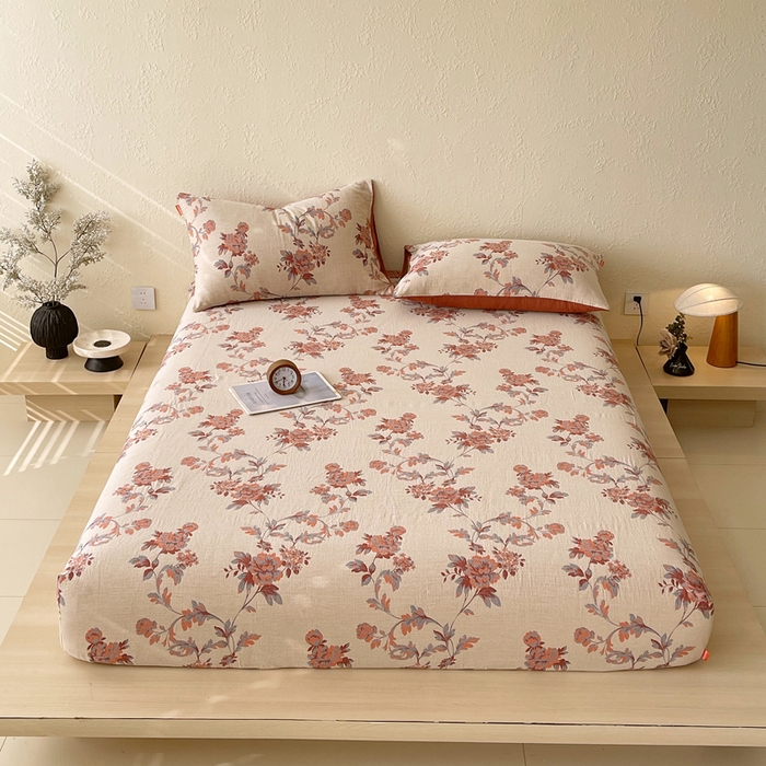 春皖家纺 2026新款全棉纯棉拉链款双层纱床笠单床笠床笠单件 一丈红