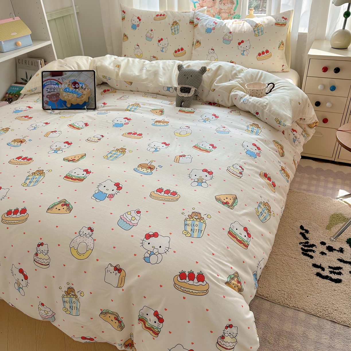 91家纺网 家纺一手货源 找家纺 六巷胡同 2026新款40支全棉13070INS卡通单品被套 爱心汉堡喵