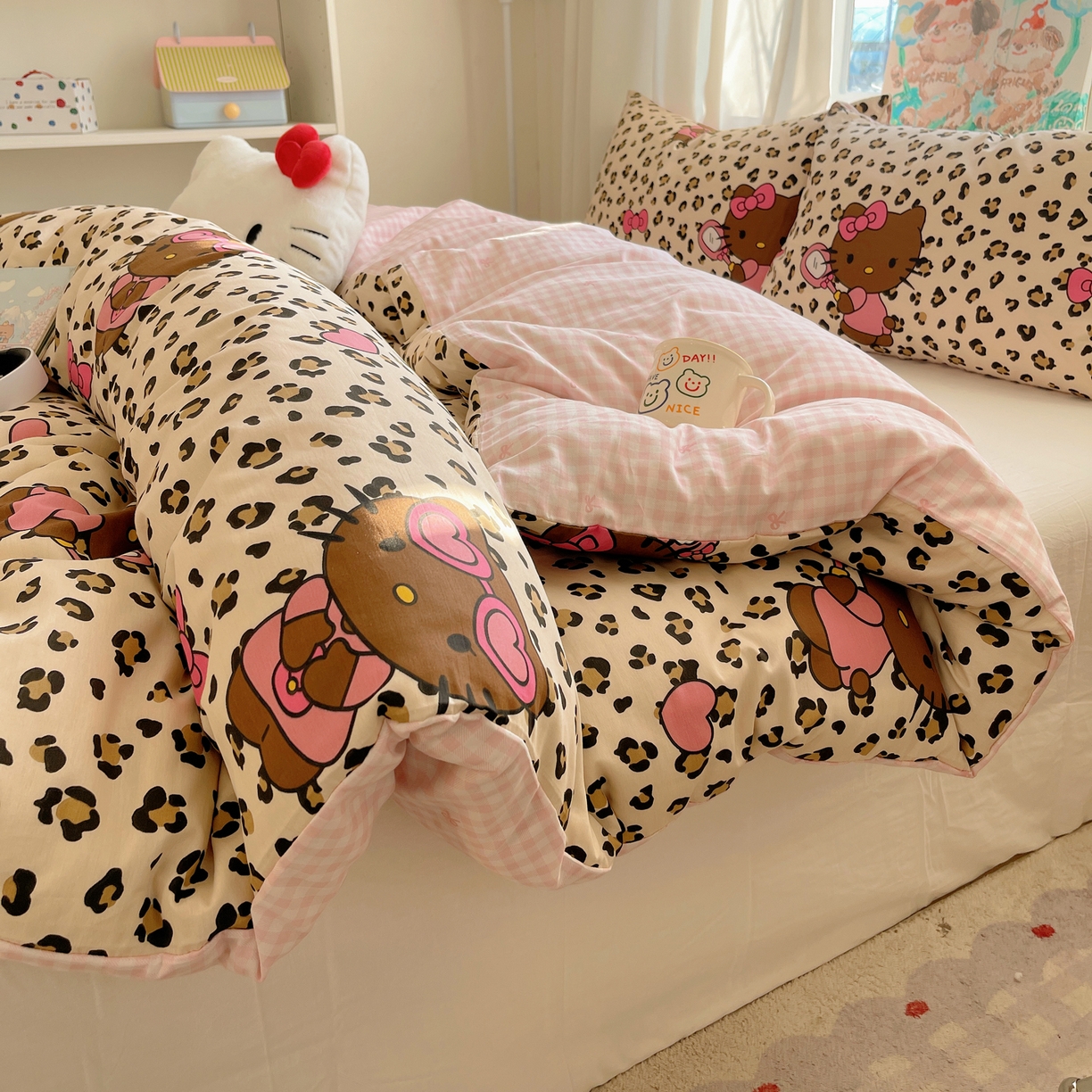 六巷胡同 2026新款40支全棉13070INS卡通单品被套 豹纹黑皮猫