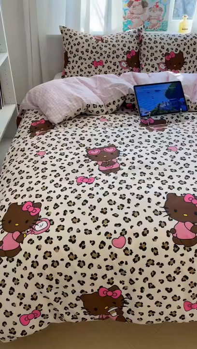 91家纺网 家纺一手货源 找家纺 六巷胡同 2026新款40支全棉13070INS卡通单品被套 豹纹黑皮猫
