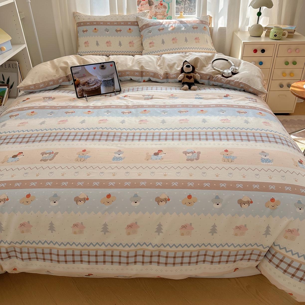 91家纺网 家纺一手货源 找家纺 六巷胡同 2026新款40支全棉13070INS卡通单品被套 费尔岛狗狗