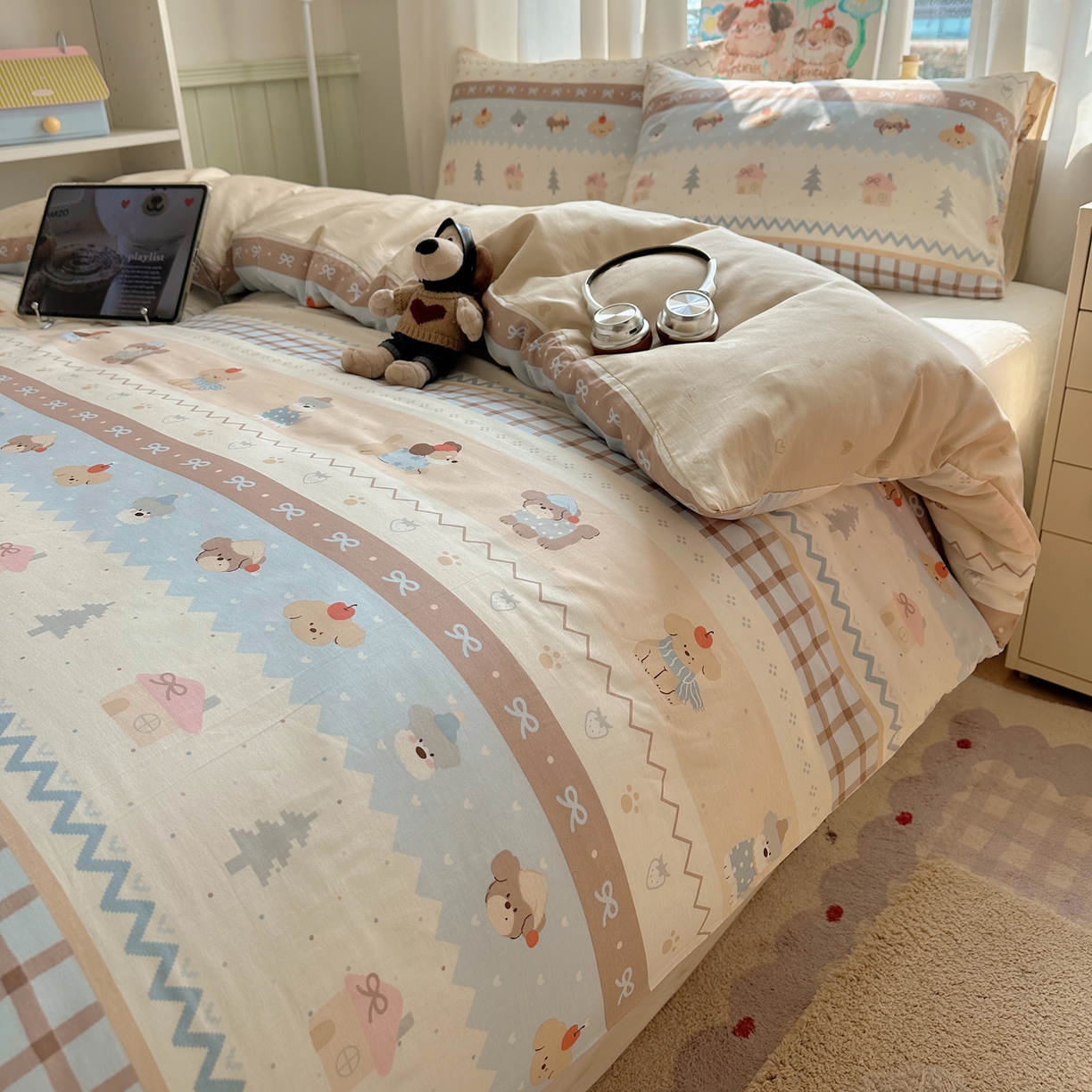 91家纺网 家纺一手货源 找家纺 六巷胡同 2026新款40支全棉13070INS卡通单品被套 费尔岛狗狗