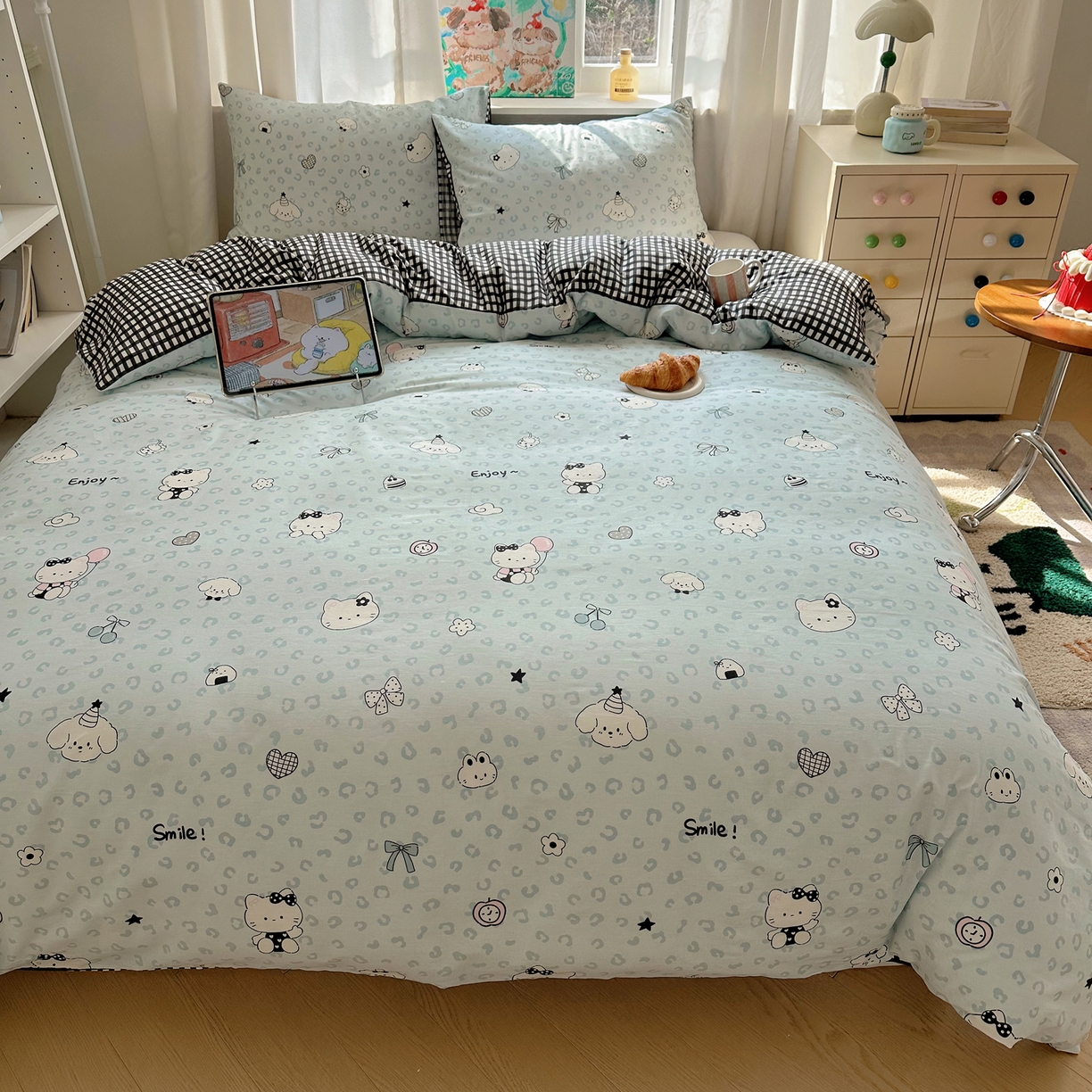 91家纺网 家纺一手货源 找家纺 六巷胡同 2026新款40支全棉13070INS卡通单品被套 海盐豹纹猫