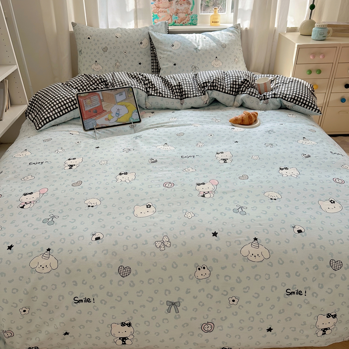 91家纺网 家纺一手货源 找家纺 六巷胡同 2026新款40支全棉13070INS卡通单品被套 海盐豹纹猫