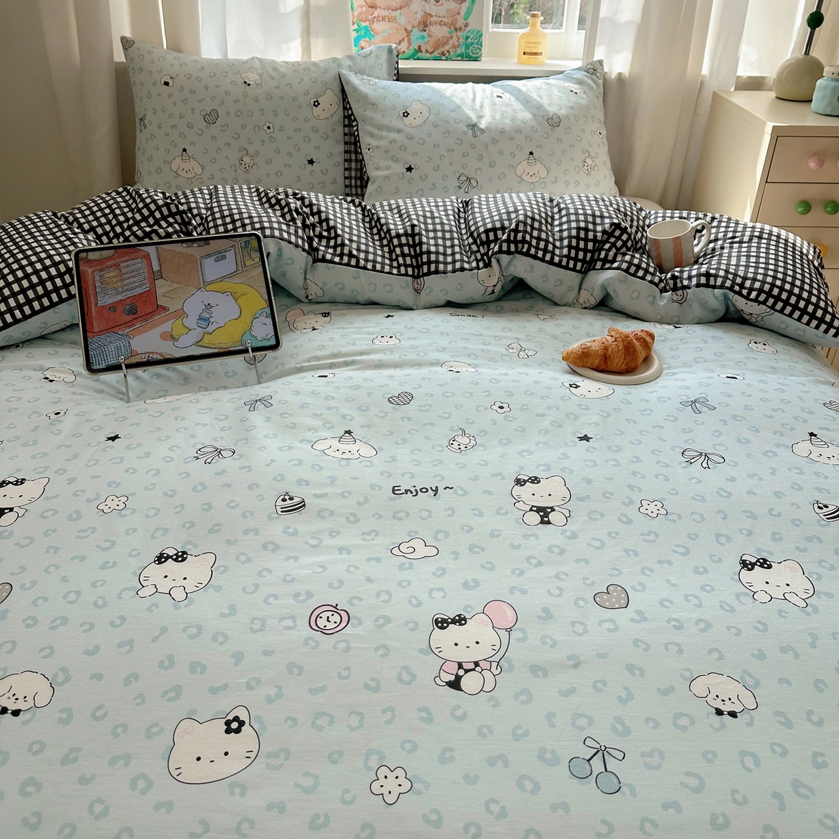 91家纺网 家纺一手货源 找家纺 六巷胡同 2026新款40支全棉13070INS卡通单品被套 海盐豹纹猫