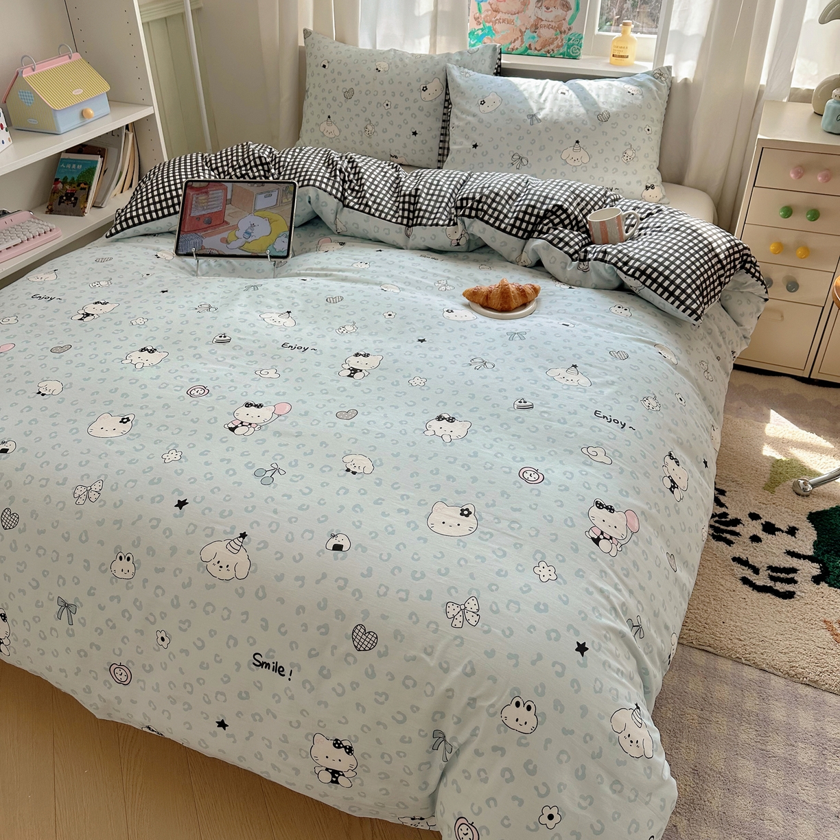 91家纺网 家纺一手货源 找家纺 六巷胡同 2026新款40支全棉13070INS卡通单品被套 海盐豹纹猫