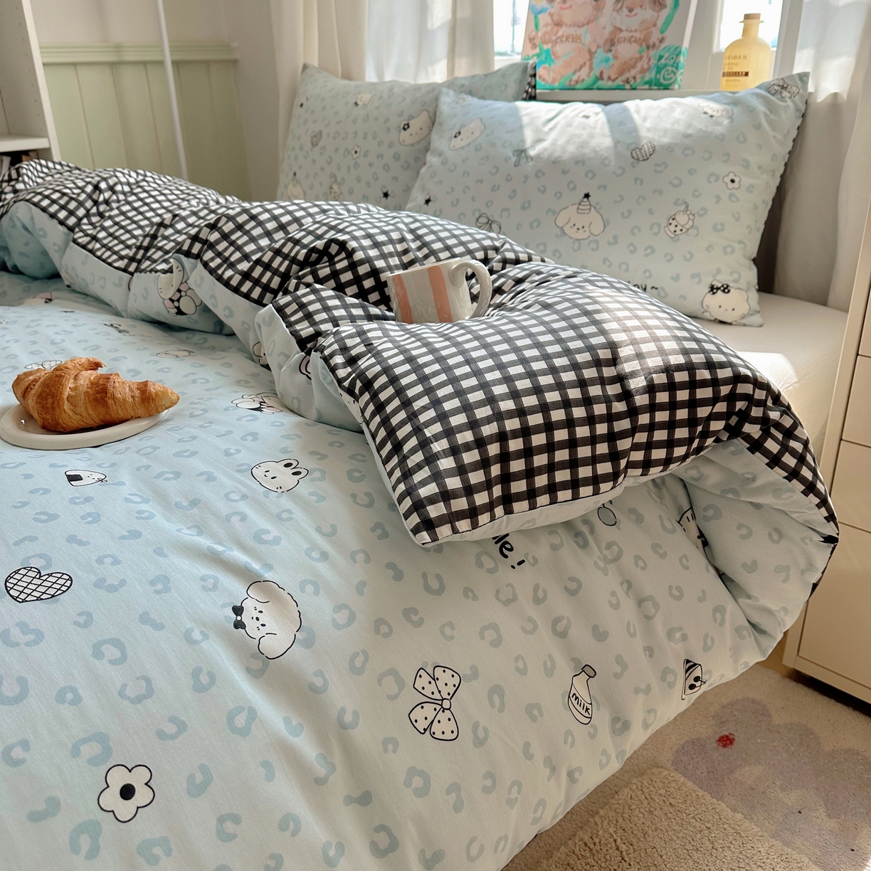 91家纺网 家纺一手货源 找家纺 六巷胡同 2026新款40支全棉13070INS卡通单品被套 海盐豹纹猫