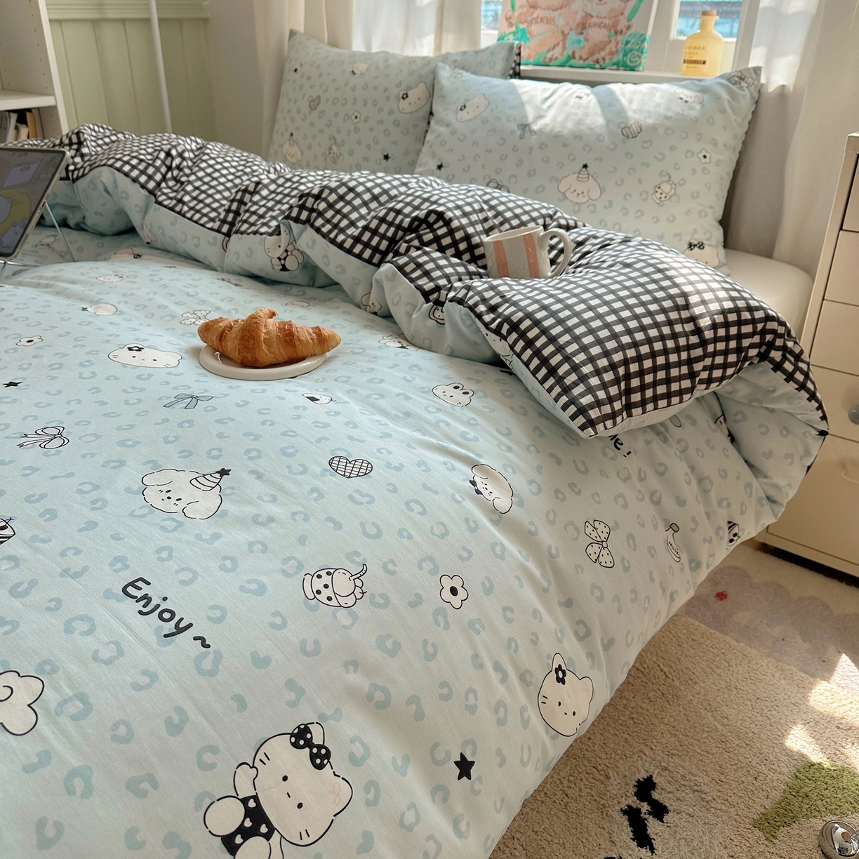 91家纺网 家纺一手货源 找家纺 六巷胡同 2026新款40支全棉13070INS卡通单品被套 海盐豹纹猫