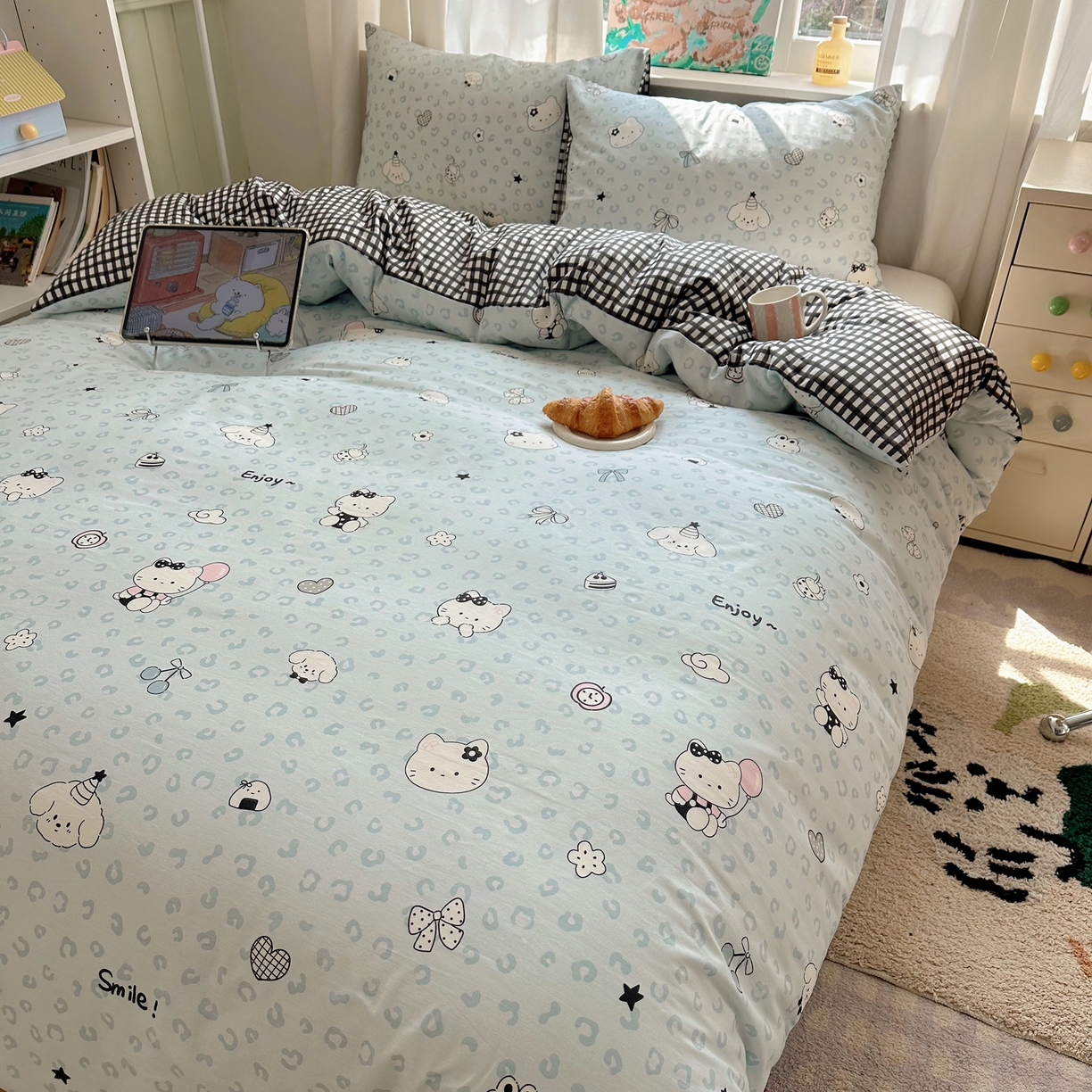 91家纺网 家纺一手货源 找家纺 六巷胡同 2026新款40支全棉13070INS卡通单品被套 海盐豹纹猫