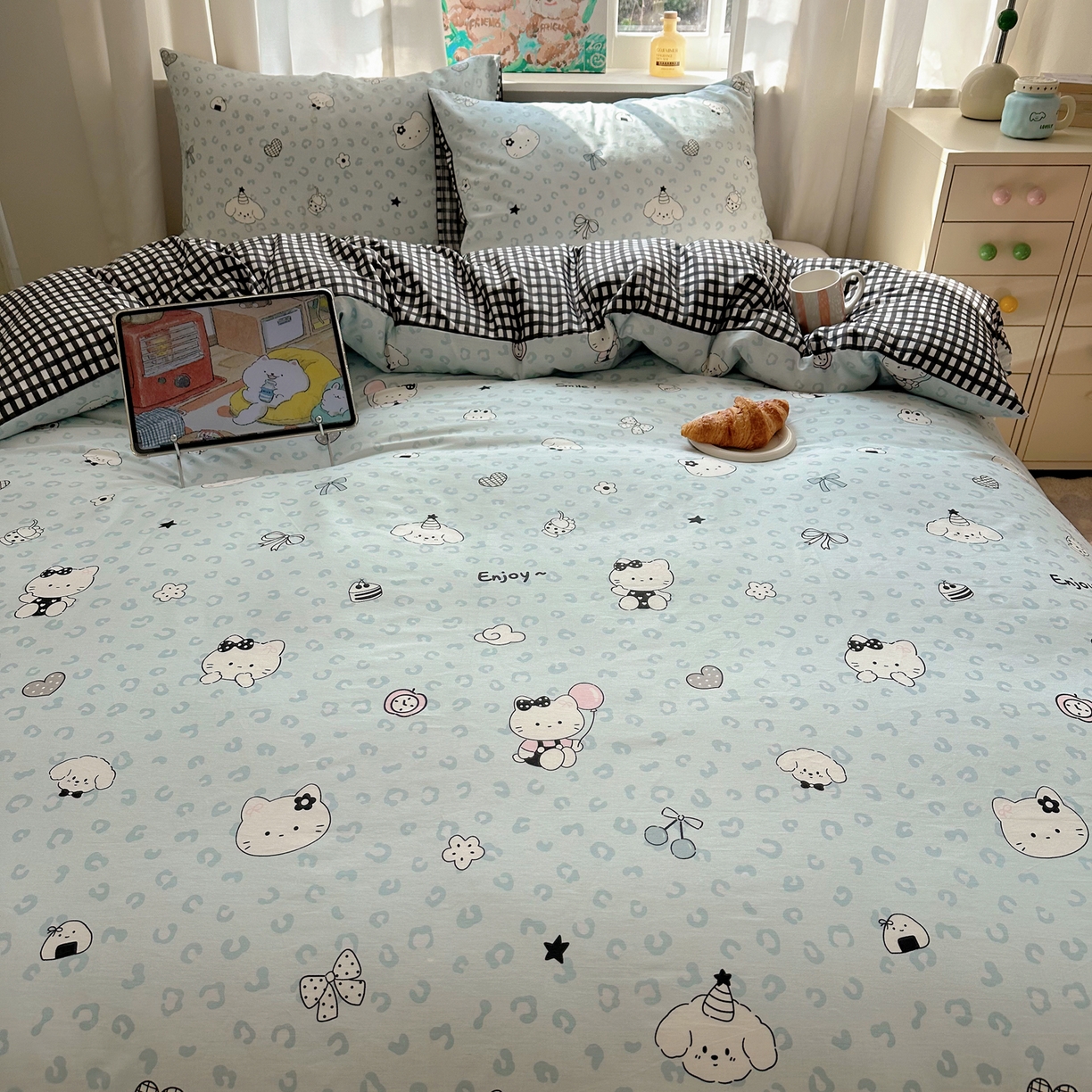 91家纺网 家纺一手货源 找家纺 六巷胡同 2026新款40支全棉13070INS卡通单品被套 海盐豹纹猫