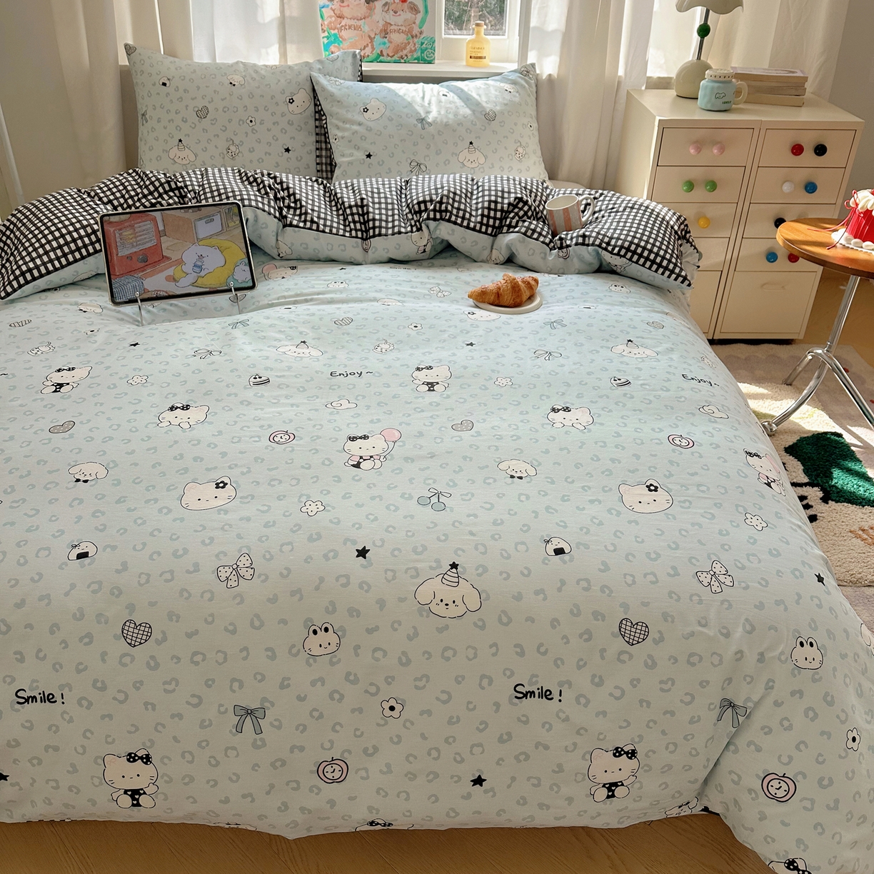 91家纺网 家纺一手货源 找家纺 六巷胡同 2026新款40支全棉13070INS卡通单品被套 海盐豹纹猫