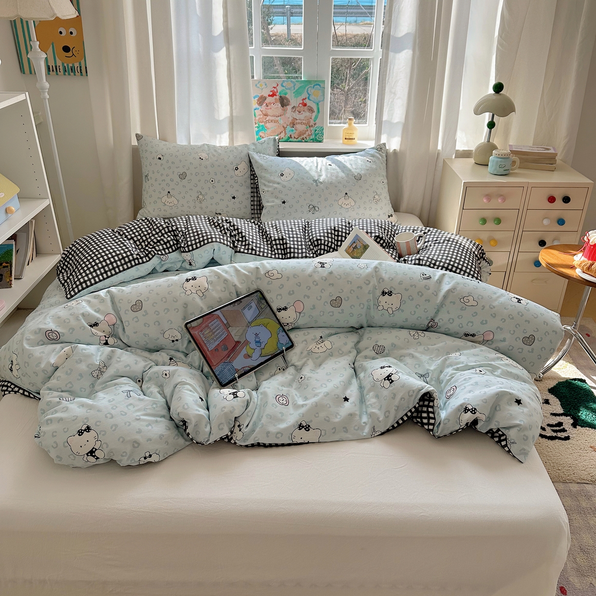 91家纺网 家纺一手货源 找家纺 六巷胡同 2026新款40支全棉13070INS卡通单品被套 海盐豹纹猫