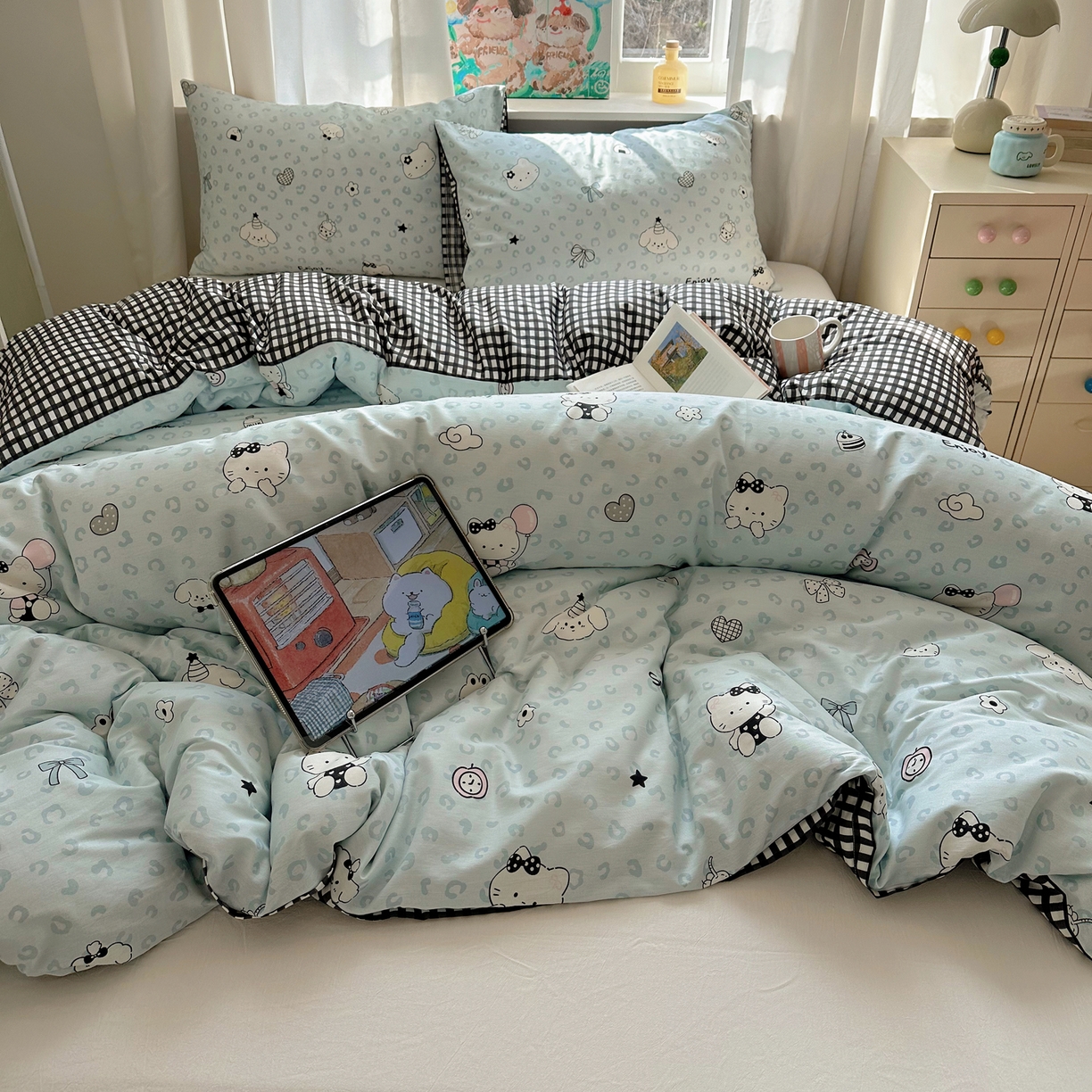 91家纺网 家纺一手货源 找家纺 六巷胡同 2026新款40支全棉13070INS卡通单品被套 海盐豹纹猫