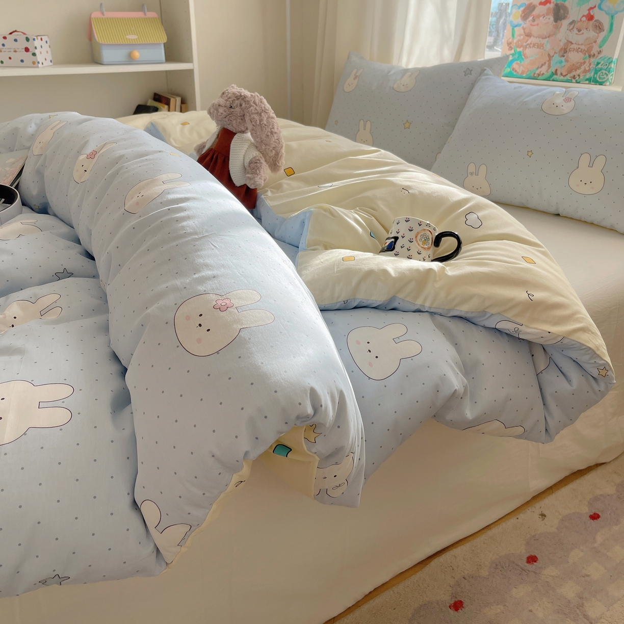 六巷胡同 2026新款40支全棉13070INS卡通单品被套 蓝调波点兔